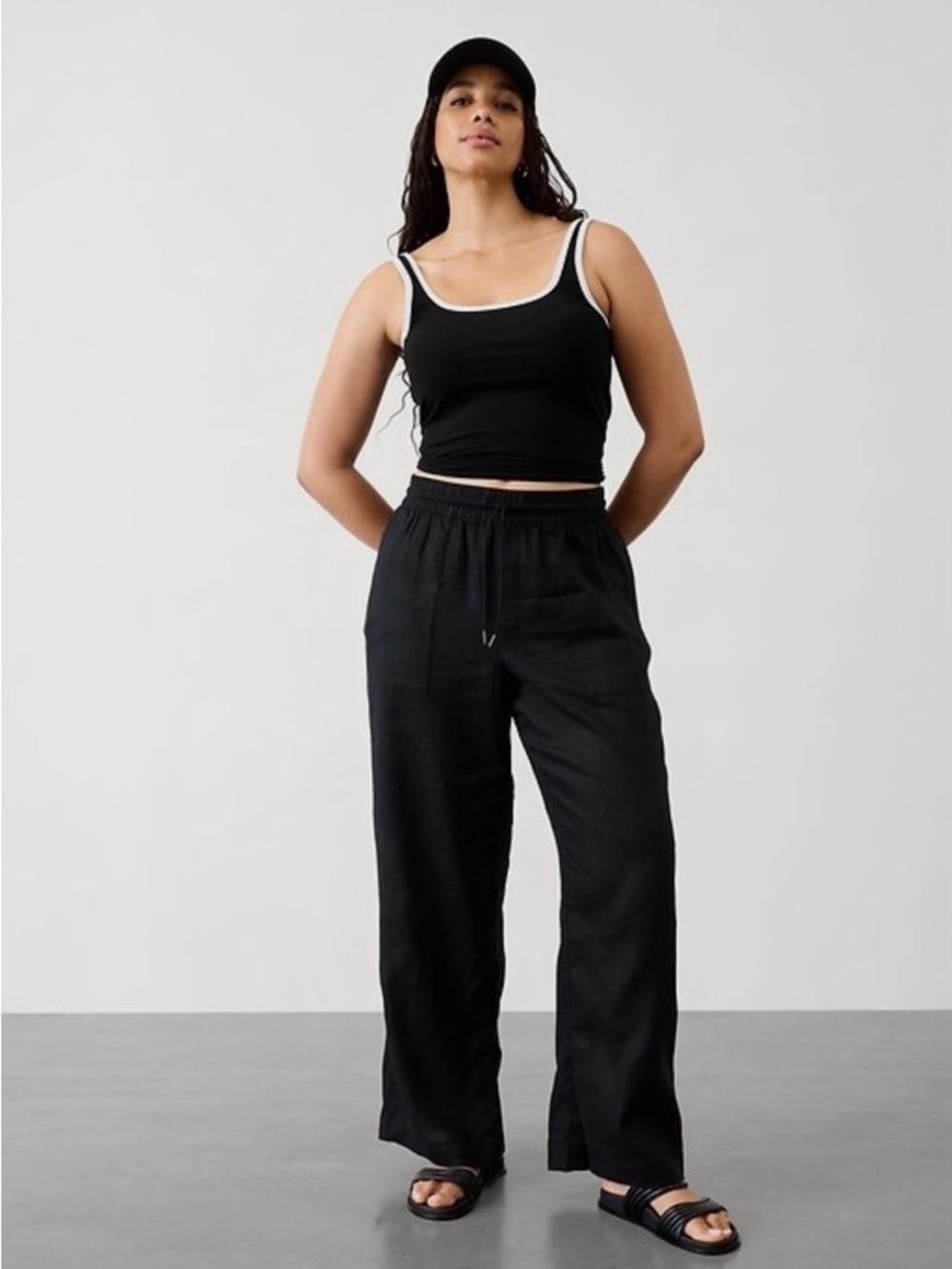 Athleta Retreat  Black Wide Leg Linen Drawstring Pants  Size Large